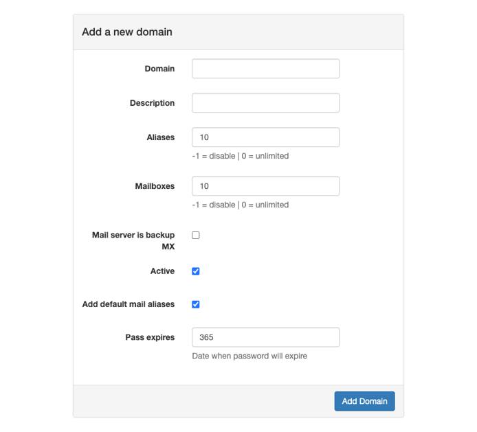 The PostFixAdmin ne domain creation page.