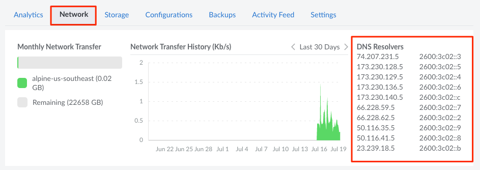 Screenshot of the DNS resolvers in Cloud Manager